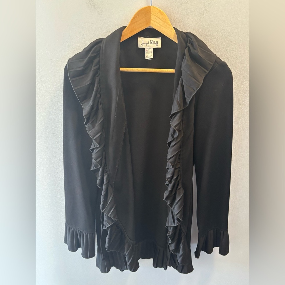 JOSEPH RIBKOFF Black Ruffle Cardigan Sz 8 Black Single Tie at Front Long Sleeve